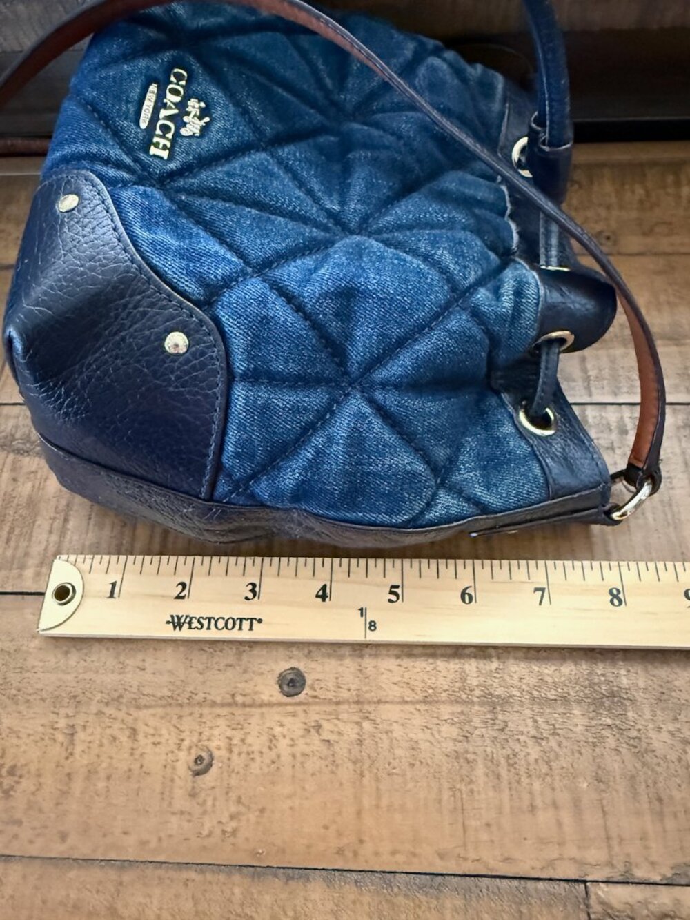 Coach Bucket Bag Womens Small Blue Quilted Denim Leather Drawstring Crossbody - Picture 16 of 16